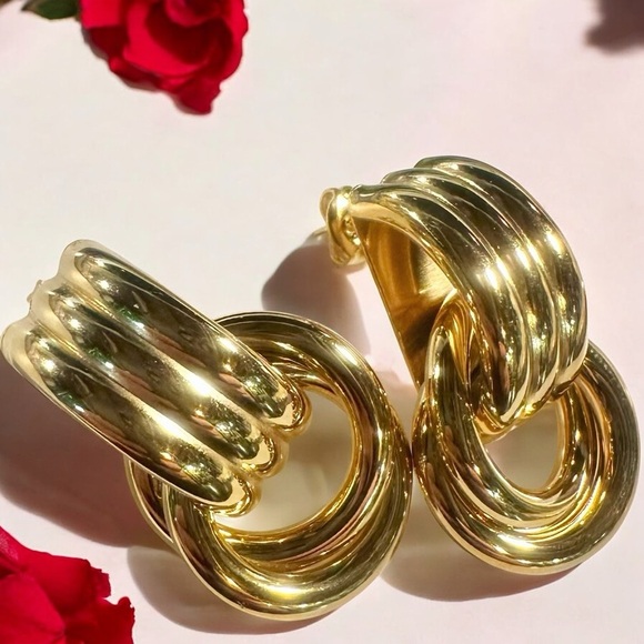 NEW Yellow Gold-Plated Stainless Steel Knotted & Looped Drop Earrings Celeb Fav - Picture 10 of 13